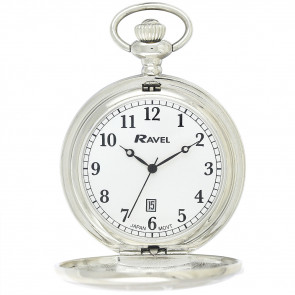 Full-Hunter Calendar Pocket Watch with Chain - Silver Tone