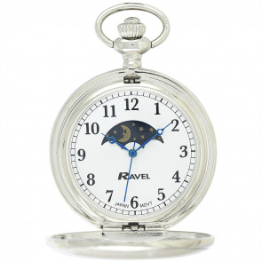 Full-Hunter Moon-Phase Pocket Watch with Chain - Silver Tone